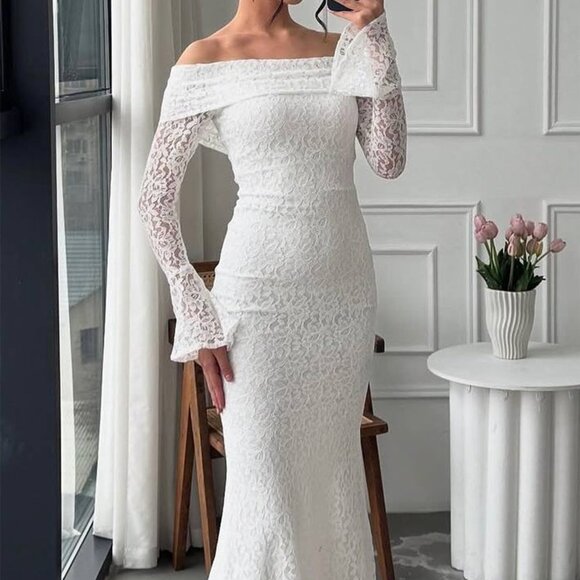 Off-Shoulder Lace Bodycon Maxi Dress | New Off White Wedding Gown - Picture 1 of 9